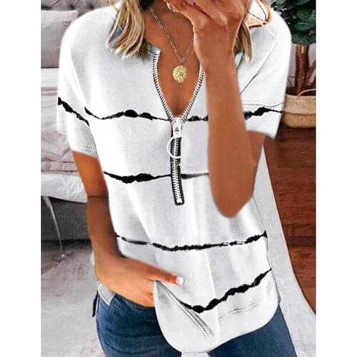 Striped Office Tunic Tops For Ladies 2021 Summer White Tops Womens Fashion Casual Zipper Round Neck Loose Short-sleeved Tops
