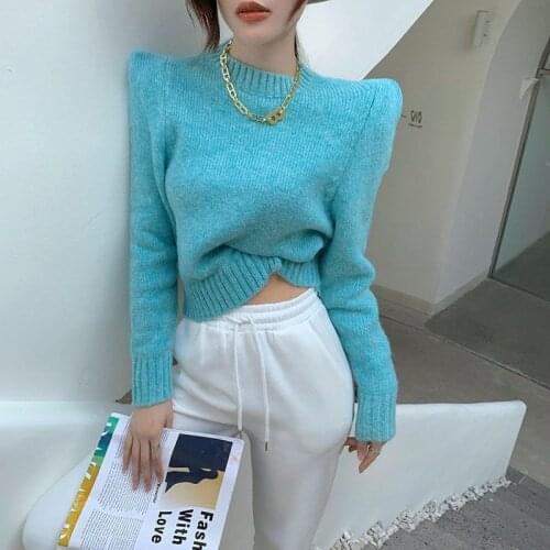 Women Loose Padded Shoulder Short Knitted Long Sleeve Tops Sweaters 2021 Female Solid Sweater Autumn Winter Round Neck Pullover