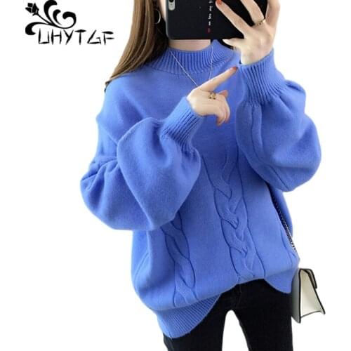 UHYTGF Autumn Winter Sweater Women Half Turtleneck Pullover Casual Warm Coat Lantern Sleeve Korean Loose Knitted Top Female 1905