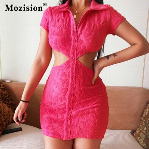 Mozision Hollow Out Turn-down Collar Single Breasted Dress For Women Casual Short Sleeve Bodycon Dress Womens Fashion Vestidos