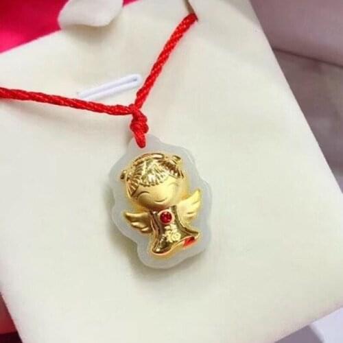 1PCS New Real 24K Gold with Natural Nephrite Jade Pendant Lovely Angel Pendant 23x18mm For Women