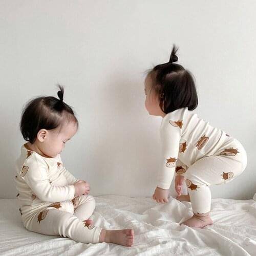 0-24M Long Sleeve Childrens Home Wear Baby Suit Kids Clothes Boy Girl Cute Cow Pattern Pajamas Tops Pants Set Kids Clothes Suit