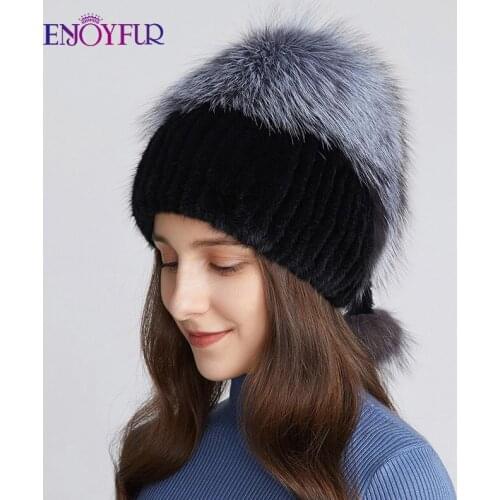 ENJOYFUR Women Winter Mink Fur Hats With Real Fox Fur Pompom Woven Knit Lined Warm Hat Fashion Female Rhinestone Skull Beanie