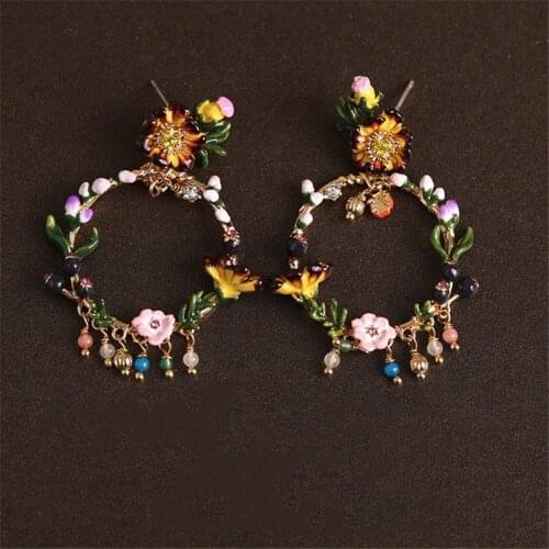 European and American Monet Garden Series Enamel Color Glaze Yellow Flower Blueberry Pink Bud Branch Tassel Stud Earrings Female
