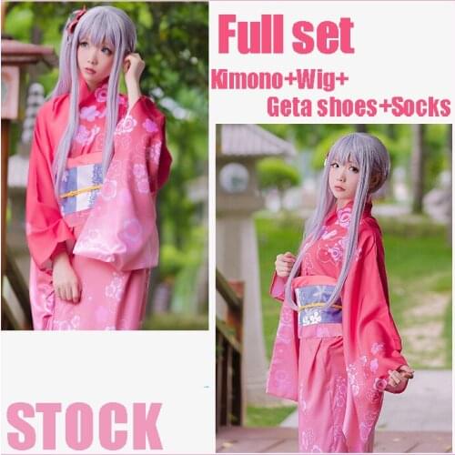 [Stock][Full Set+Wig+Geta Shoes+Socks]2017 Anime Eromanga Sensei Izumi Sagiri Kimono Dress Gradient Cosplay Costume Halloween