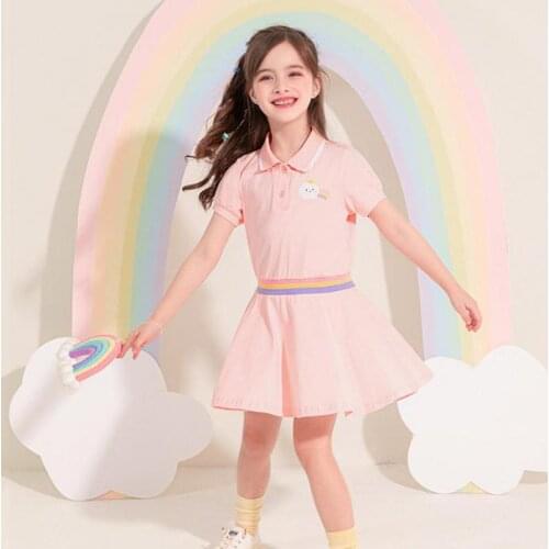 Summer Cute Dresses For Girls Turn Down Collar Short Sleeve Mid Length Gowns Children Casual Soft Dress School Uniform Clothes