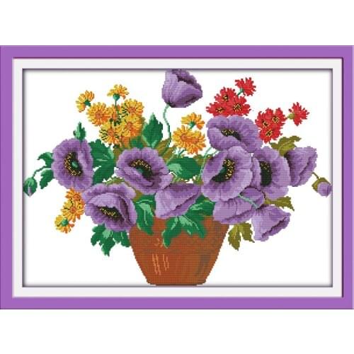 Purple potted flower cross stitch kit flower 14ct 11ct printed fabric canvas stitching embroidery DIY handmade needlework