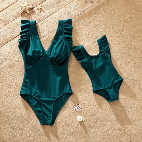 PatPat 2021 New Arrival Summer Mommy and Me Solid Ruffle V-neck One-piece Swimsuits for One-Piece Family Look Swimwear Sets
