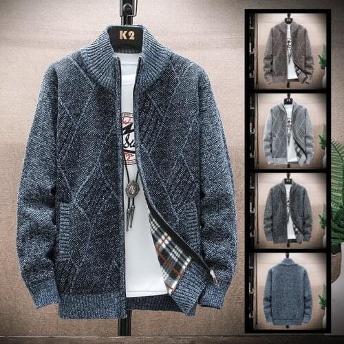 2021 Autumn Korean O-Neck Mens Thick Sweaters with Velvet Mens Cardigan Knitted Sweatercoats Solid Jacket Male M-3XL 6659