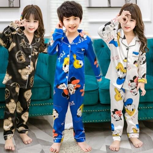 3-14Y Childrens Solid Color Satin Kids Pyjamas Silk Mickey Pajamas with pants Sleepwear Cartoon Nightwear Girl Pajama Sets