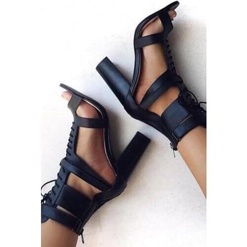 Drop Shipping Sexy Woman Sheep Pattern Chunky Heels Sandals Rome Cuts Out Lace Up Zipper Back High Heel Sandals Shoes Big Size