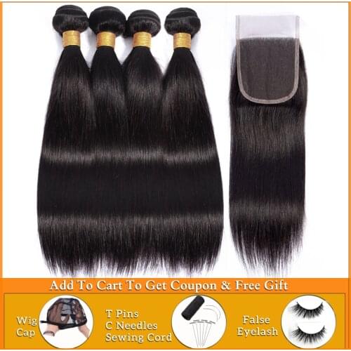 Lanqi straight hair bundles with closure 100% human hair weave bundles with closure non-remy Peruvian hair bundles with closure