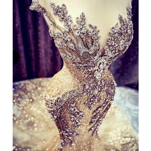 Luxury Champagne Wedding Dresses Lace Crystal Beads Sequin Sweep Train Jewel Neck Cap Sleeve Mermaid Bridal Gowns