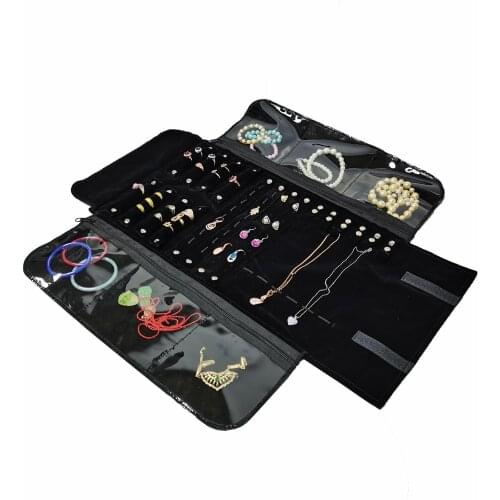 Travel Exhibition Portable Black Velvet Jewelry Storage Roll Pack Ring Earrings Display Necklace Bracelet Collection Bag