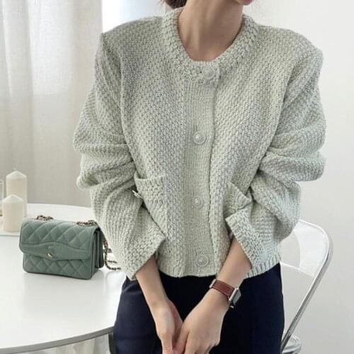ZAWFL 2021 New Arrivals Fashion Korea Style Versatile Single Breasted Long Sleeves Pocket Green/Pink Knitted Sweater