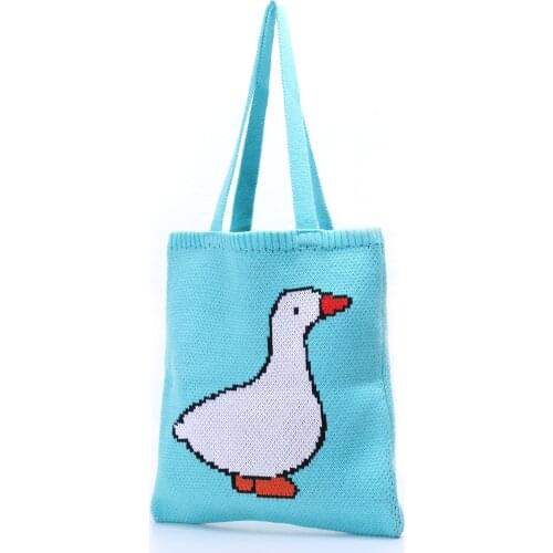 Female Knitting Cute Duck Cartoon Pattern Tote Bag Women Retro Shabby Chic Rural Style Stylish Crochet Wool Shopping Handbag