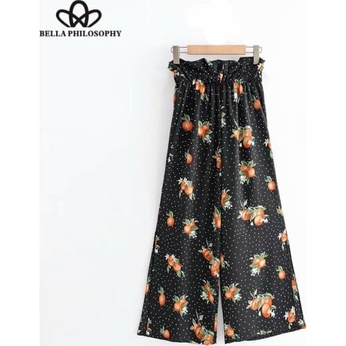 Bella Philosphy Vintage Retro fruit dot printing casual Wide leg pants female pleated ruffles long Trousers chic business Pant