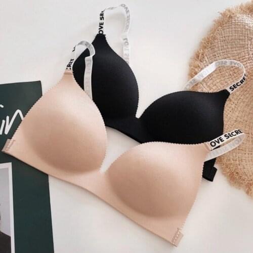 Women Sexy Letter Straps Sujetador Palm Cup Gather Bra Integrated No Steel Solid Color Ring Push Up Bras
