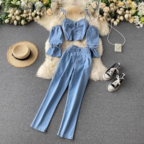 2021 Spring Fashion Women Two Piece Sets Off Shoulder Slash Neck Puff Sleeve Jumper Tops And Pants Silm Casual Denim Suits