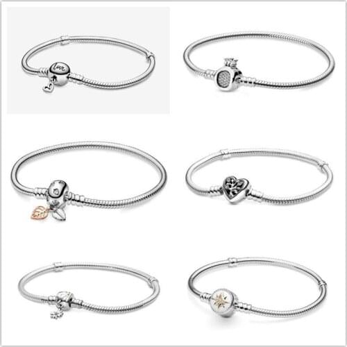 925 Sterling Silver Moments Freehand Heart Clasp Snake Chain Pan Bracelet Bangle Fit Bead Charm Jewelry