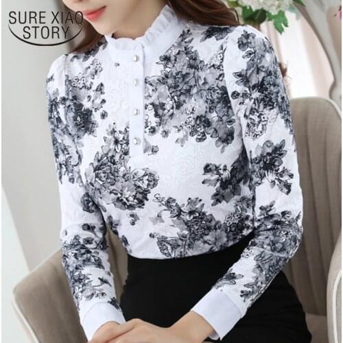 2021 Casual Spring Autumn High Collar fashion Lace Floral Blouses Ladies Tops Lace female shirt Long Sleeve Shirt S-3XL