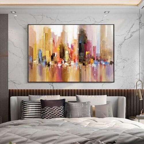 Abstract City Building Oil Painting on Canvas Wall Art Posters and Prints Night Scene Decorative Pictures Cuadros Home Decor