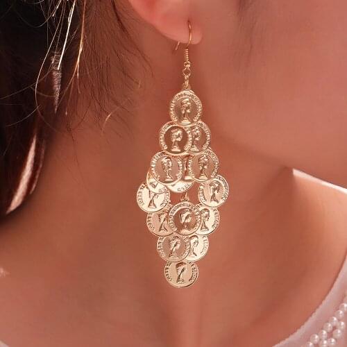 Bohemia New Gold Chandelier Drop Earrings for Women Round Portrait Pendant Charm Fashion Long Earrings for Party Jewelry