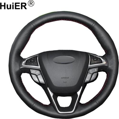HuiER Hand Sewing Car Steering Wheel Cover Breathable Car Styling Black Leather For Ford Fusion Mondeo 2013 2014 EDGE 2015 2016