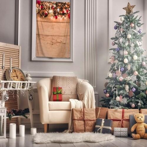 Tapestry Ornaments Colorful Baubles Pine Cones Decorating Lights on Wooden Wall Festive Season Photo Red Brown