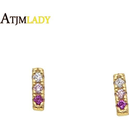 Delicate minimal tiny bar earring studs 100% 925 sterling silver mini 3 cz red pink white stone paved girls gold filled earring