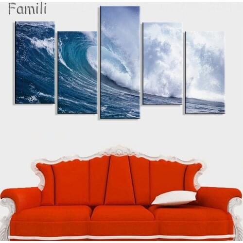 Canvas Painting New 5Panel Canvas art HD Painting Ocean Wave Sunrise Seascape Canvas Print Wall Art Decorations for home2