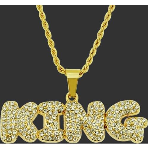Men Hip Hop Full Rhinestone King Shape Pendants Necklaces Bling Bling Iced Out Cuban Link Chain Hiphop Necklace Men Jewelry Gift