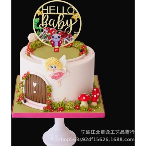 New Flowers Newborn Acrylic Cake Toppers Gold Black Hello Baby Birthday Cake Topper for Kids Born Birthday Party Cake Decoration