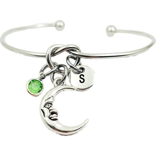New Moon Face Creative Initial Letter Monogram Birthstone Adjustable Bracelet Fashion Jewelry Women Gift Accessories Pendant
