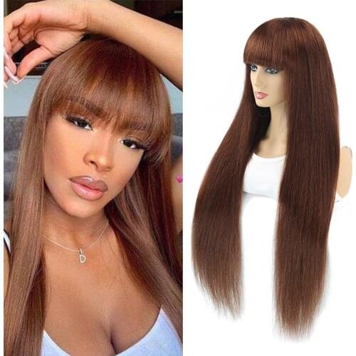 Brazilian Straight Ombre Wigs For Women Full Wig With Bang Silk Brown Purple Highlight Machine Made Wig Remy 30inch