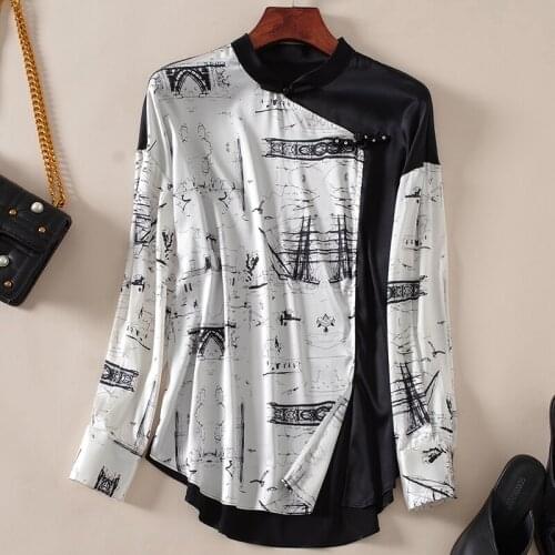 Chinese Style Women Printed Shirt Elegant Long Sleeve Loose Tops Ladies Vintage Shirts Blouses Real Silk Satin Blouse Female