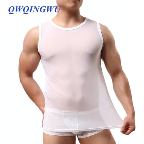 Sexy Mens Fitness undershirts gay Ice Silk Transparent O Neck sleeveless solid mesh Tank Tops male Vest Plus Size Underwear