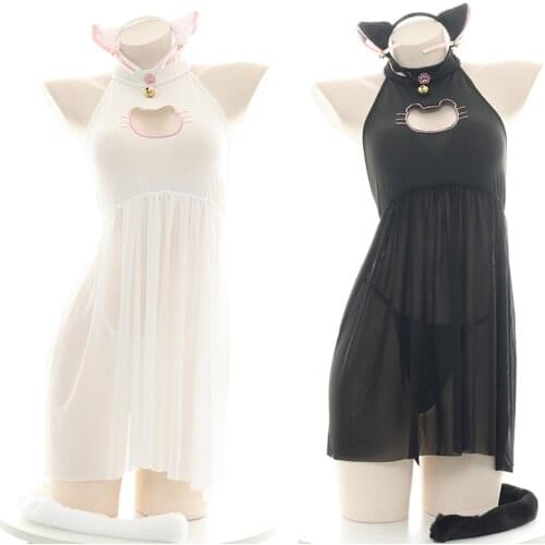 Sexy Translucent Cute Cat Maid Open Chest Nightdress Underwear Lolita Women Embroidery Hollow out Pajamas Homewear & Tail