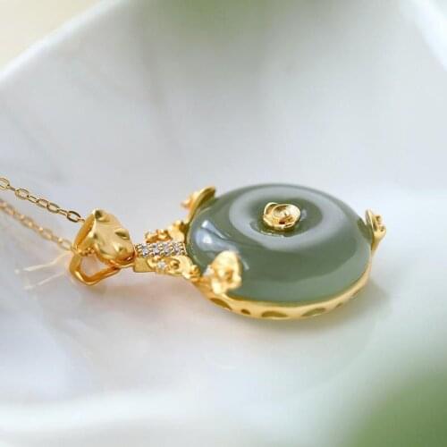 S925 Sterling Silver Gold Plated Hetian Gray Jade Peace Buckle Xiangyun Vintage Chinese Style Sweater Chain Necklace