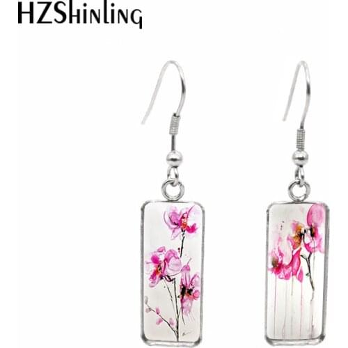 2020 New Elegant Orchids Earring Flowers Painting Rectangular Hook Earrings Glass Dome Photo Jewelry Handmade