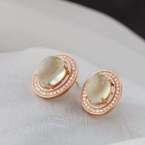 Real 925 Sterling Silver Inlaid Natural Prehnite Rose Gold Plating Fashion Women Ellipse Earrings Wedding Party Fine Jewelry