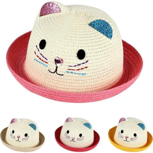 Children Straw Hat Cute Summer Cat Ear Decoration Sun Hats for Kids Girls Boys Solid Floppy Beach Cap Panama