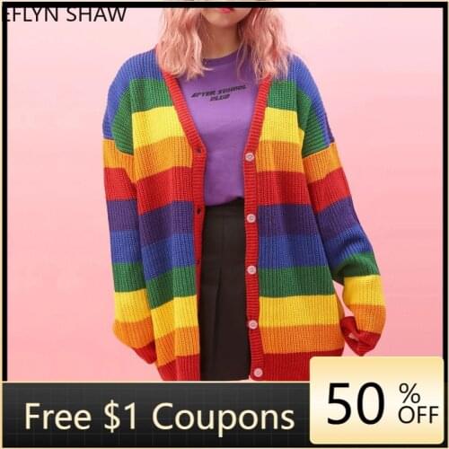 Rainbow Sweaters Women Autumn New Loose Knit Cardigan Cindy Stripes Lazy Style Oversize Long Sweater V Neck Sweet Kint Coat