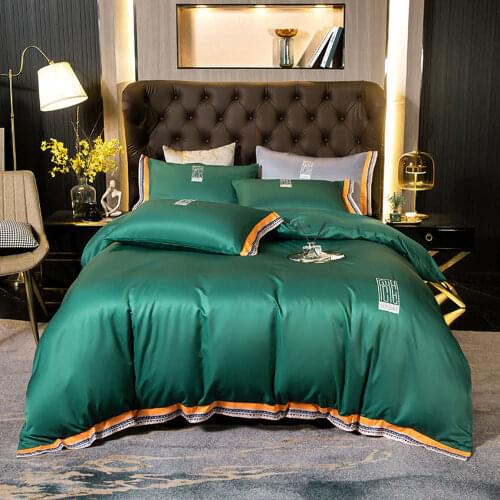 Svetanya Dark Green Solid Embroidery Queen King Size Flat Sheet Duvet Cover Set Rayon Satin Polyester Bedding Set Bedlinens