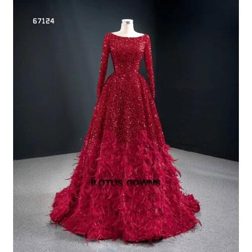Sparkly Red Long Sleeve Evening Dresses 2020 Sequined Formal Dress Ostritch Feathers Custom Made Evening Gowns