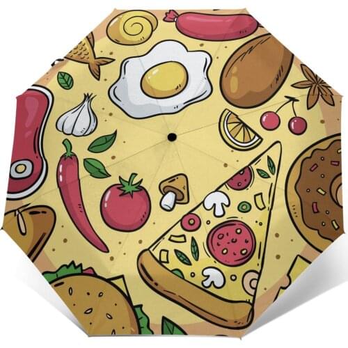 Wind Resistant Fully-Automatic Umbrella Hand Drawn Food Rain 3 Folding Parasol Travel Car Umbrella