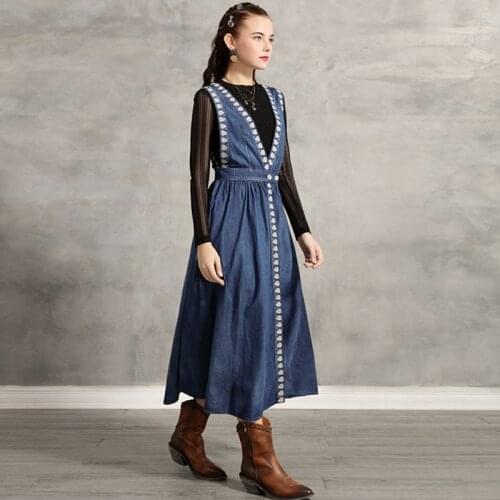 Vintage Autumn Cotton Denim Dress 2019 WomenS Dresses Sundress Embroidery Vestido Women Tank Dress Sleeveless Dresses DD2419