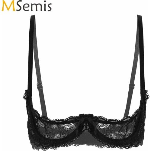 Womens See Through Sheer Lace Bralette Top Femenina Lingerie Spaghetti Straps Push Up Underwire Bustier Erotic 1/4 Open Cups Bra
