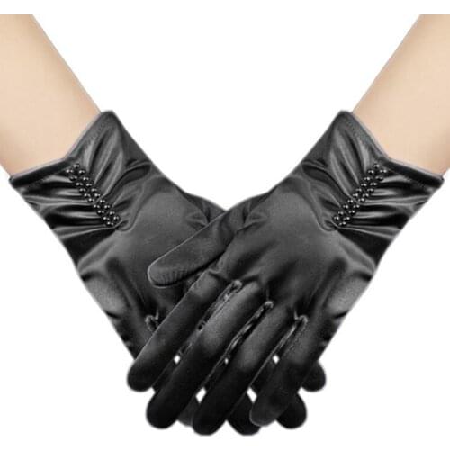 Women Wedding Dress Short Full Finger Glove Female Summer Spandex Satin Pearl Folds Elastic UV Sunscreen Driving Sun Mitten M75