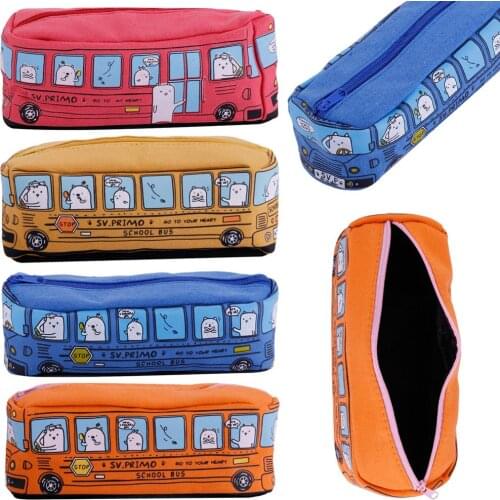 1pcs Cute Cartoon Pen Pencil Case Makeup Cosmetics Bag Box Bus Canvas Storage Large Zipper School Bag Kids Student